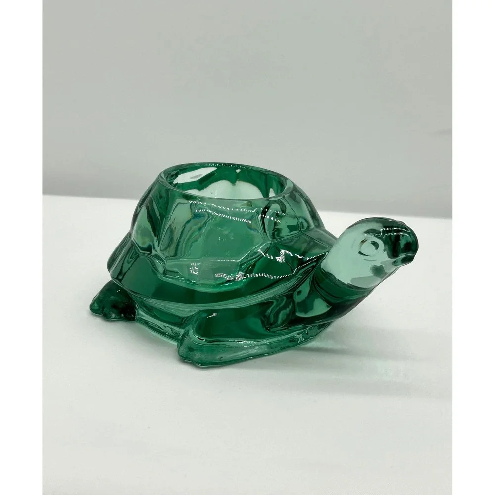 Emerald Green Glass Turtle Figurine Votive Light Candle Holder Trinket Dish